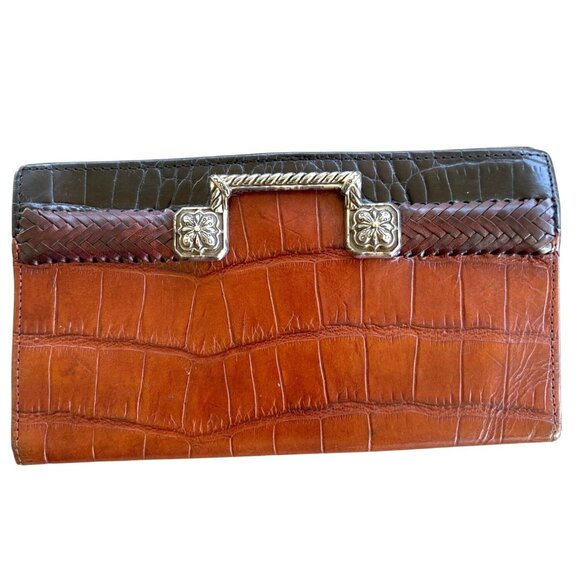Brighton Two Toned Black Brown Leather Checkbook Wallet Croc Embossed Coin Cards - Picture 1 of 7